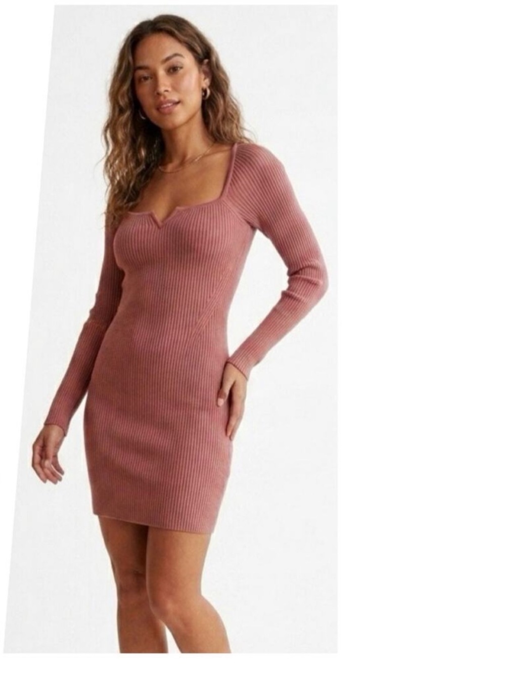 Abercrombie & Fitch Dusty Rose Ribbed Long Sleeve Bodycon Dress